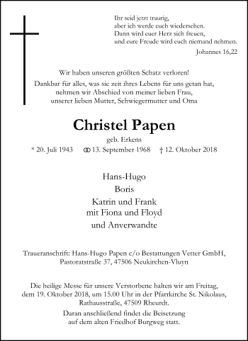 Traueranzeige von Christel Papen von Rheinische Post