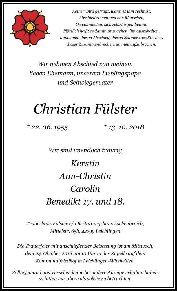  Traueranzeige für Christian Fülster vom 20.10.2018 aus Rheinische Post