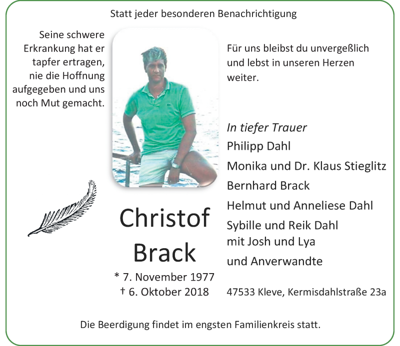 Traueranzeige für Christof Brack vom 13.10.2018 aus Rheinische Post