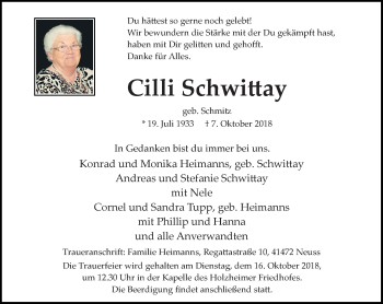 Traueranzeige von Cilli Schwittay von Rheinische Post