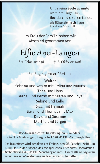 Todesanzeige von Elfie Apel-Langen von Rheinische Post