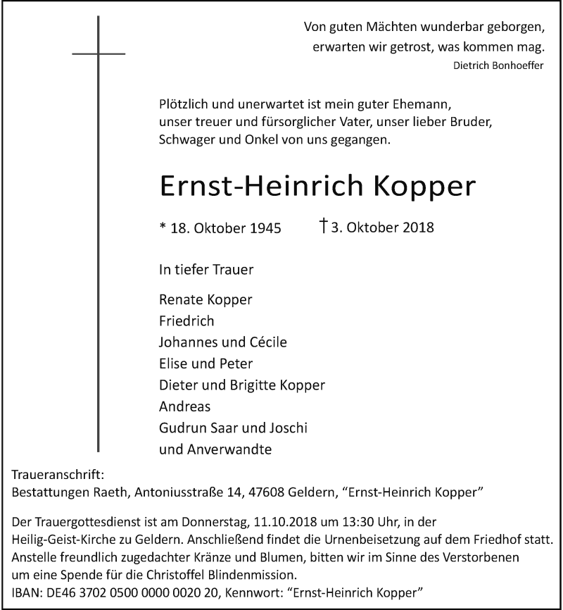  Traueranzeige für Ernst-Heinrich Kopper vom 06.10.2018 aus Rheinische Post