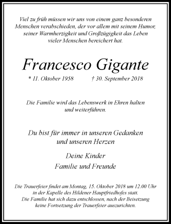 Traueranzeige von Francesco Gigante von Rheinische Post