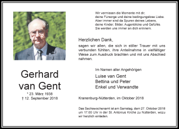 Traueranzeige von Gerhard van Gent von Rheinische Post