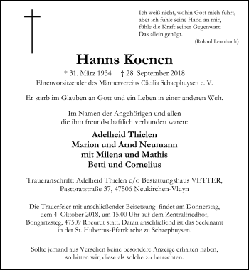 Traueranzeige von Hanns Koenen von Rheinische Post