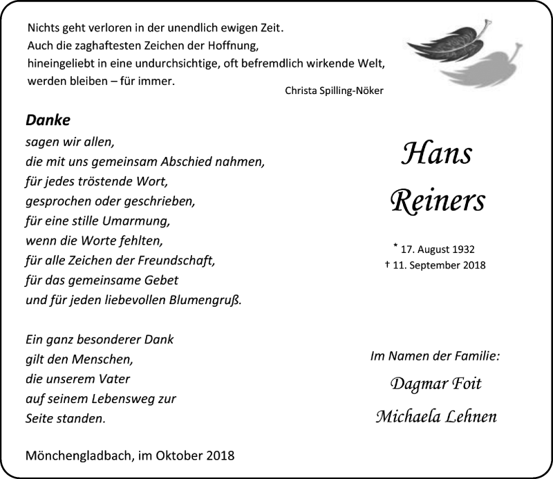  Traueranzeige für Hans Reiners vom 06.10.2018 aus Rheinische Post