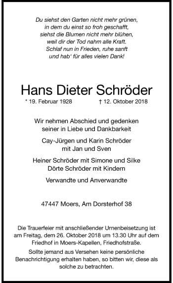 Traueranzeige von Hans Dieter Schröder von Rheinische Post