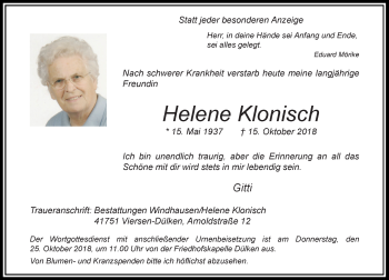 Traueranzeige von Helene Klonisch von Rheinische Post