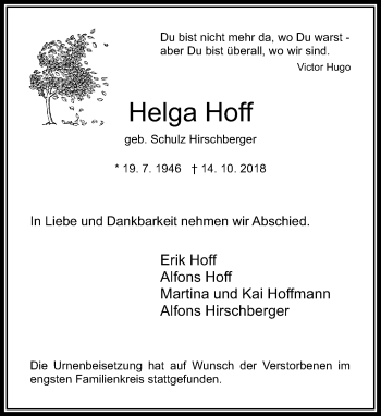Traueranzeige von Helga Hoff von Rheinische Post