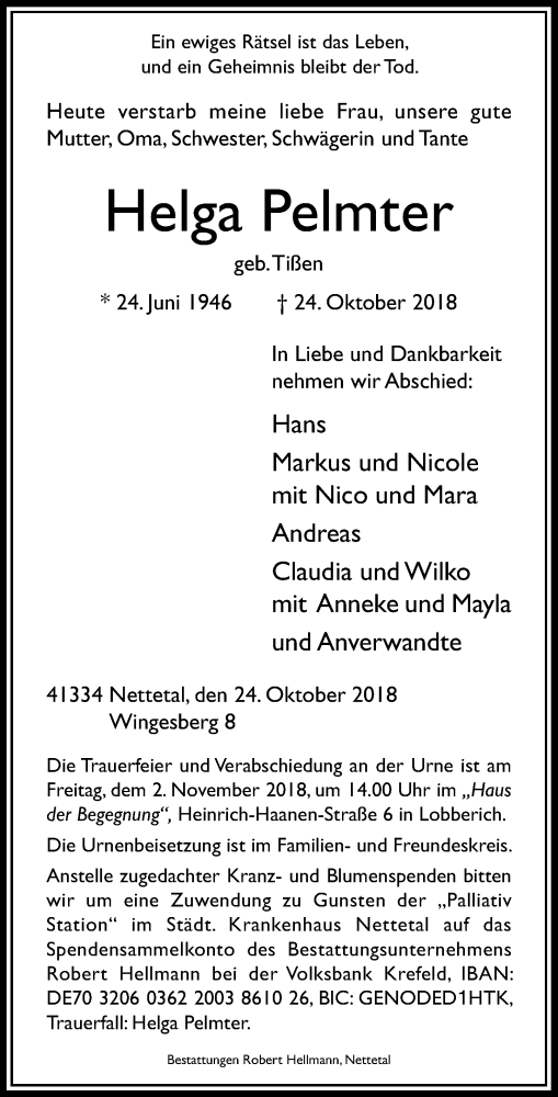  Traueranzeige für Helga Pelmter vom 27.10.2018 aus Rheinische Post