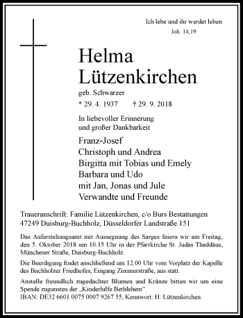 Traueranzeige von Helma Lützenkirchen von Rheinische Post