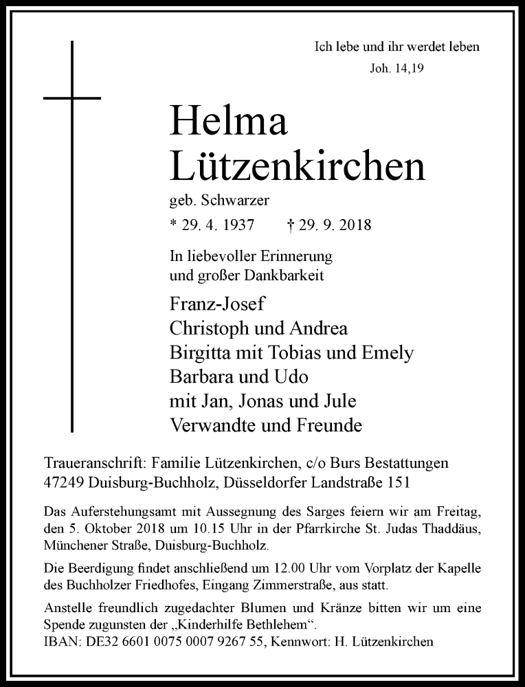  Traueranzeige für Helma Lützenkirchen vom 02.10.2018 aus Rheinische Post