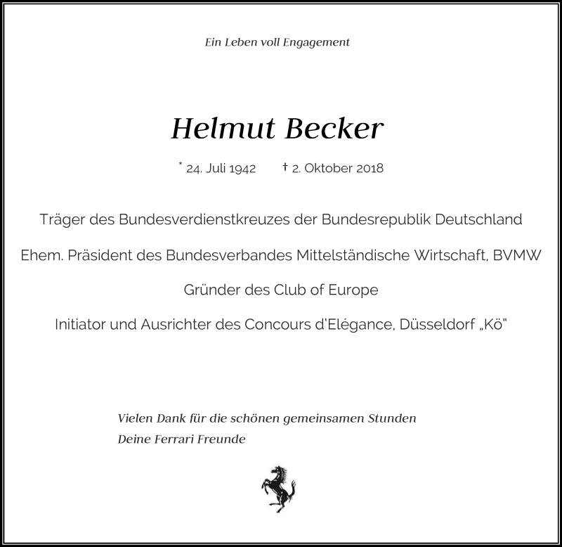  Traueranzeige für Helmut Becker vom 20.10.2018 aus Rheinische Post