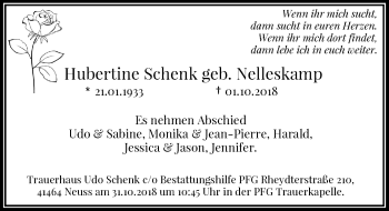 Traueranzeige von Hubertine Schenk von Rheinische Post