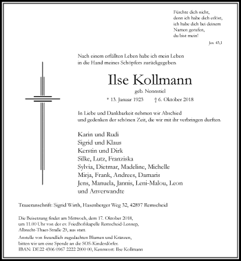 Traueranzeige von Ilse Kollmann von Rheinische Post