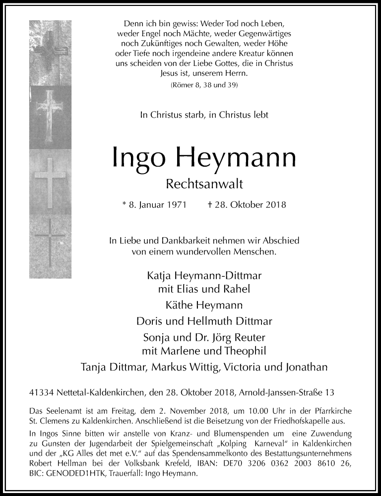  Traueranzeige für Ingo Heymann vom 30.10.2018 aus Rheinische Post