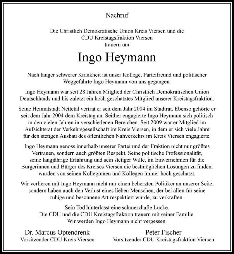  Traueranzeige für Ingo Heymann vom 31.10.2018 aus Rheinische Post