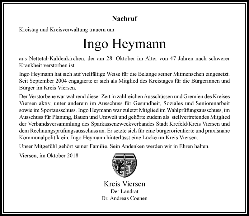  Traueranzeige für Ingo Heymann vom 31.10.2018 aus Rheinische Post