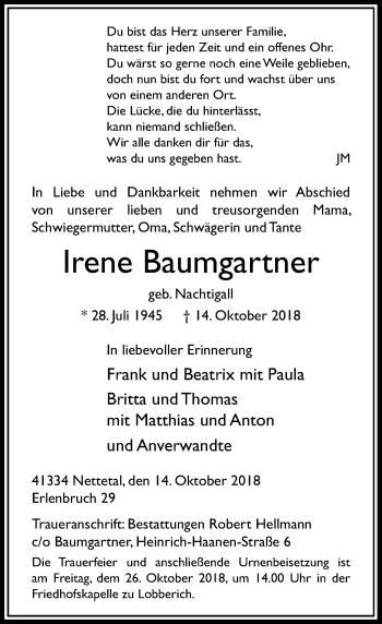 Traueranzeige von Irene Baumgartner von Rheinische Post