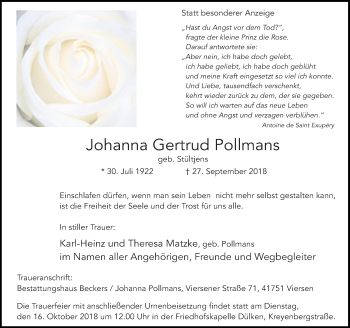 Traueranzeige von Johanna Gertrud Pollmans von Rheinische Post