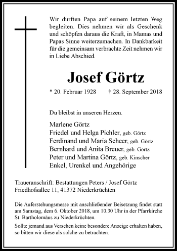 Traueranzeige von Josef Görtz von Rheinische Post