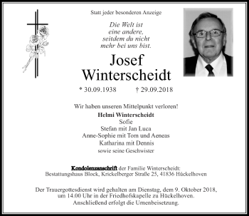 Traueranzeige von Josef Winterscheidt von Rheinische Post