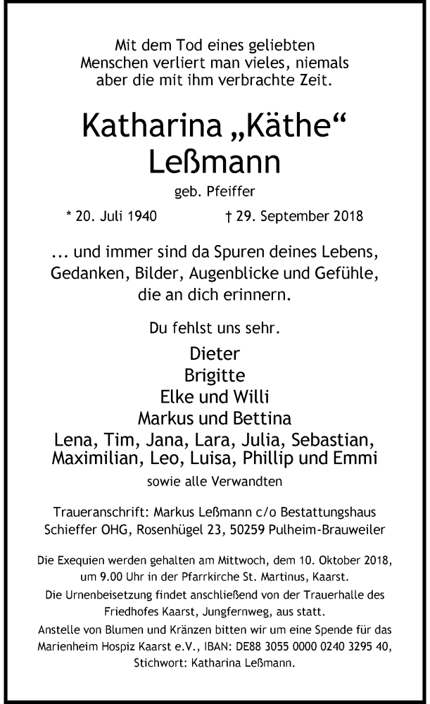  Traueranzeige für Katharina Leßmann vom 06.10.2018 aus Rheinische Post