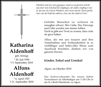 Traueranzeige von Katharina und Alfons Aldenhoff von Rheinische Post