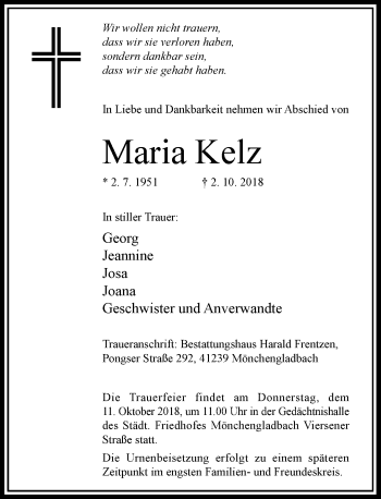 Traueranzeige von Maria Kelz von Rheinische Post