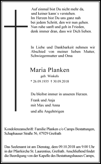Traueranzeige von Maria Planken von Rheinische Post
