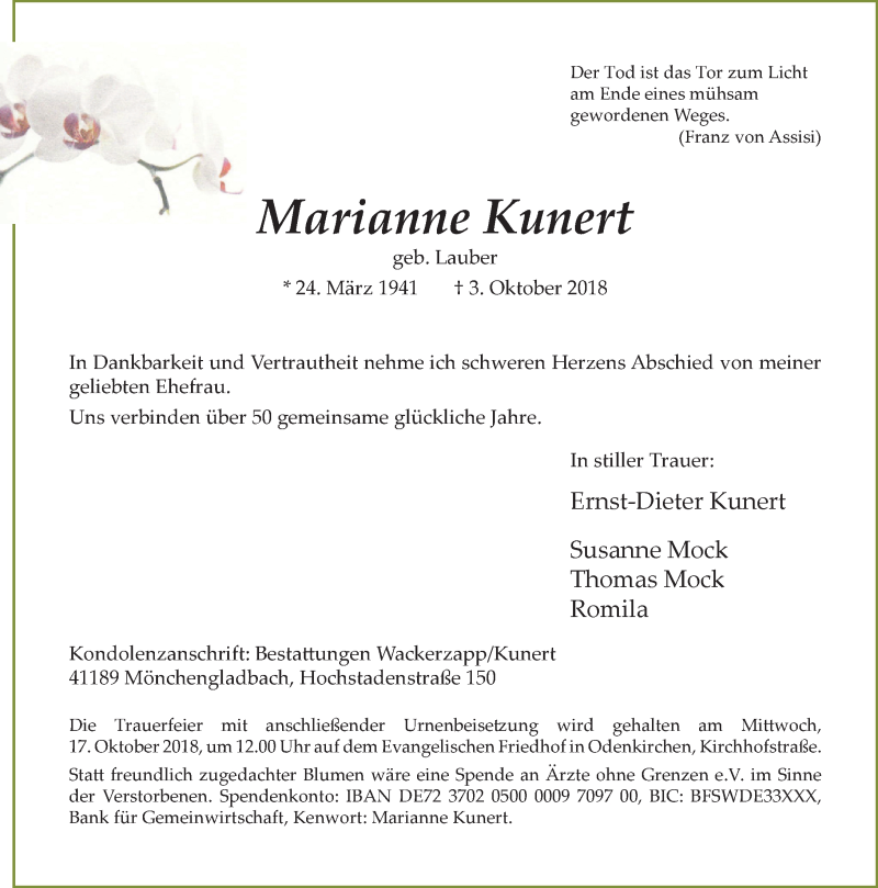  Traueranzeige für Marianne Kunert vom 13.10.2018 aus Rheinische Post