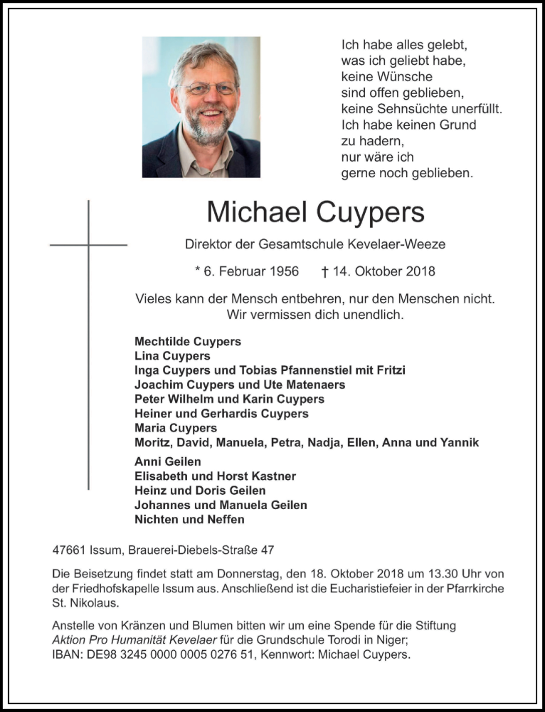  Traueranzeige für Michael Cuypers vom 16.10.2018 aus Rheinische Post