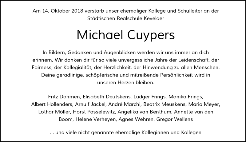  Traueranzeige für Michael Cuypers vom 27.10.2018 aus Rheinische Post