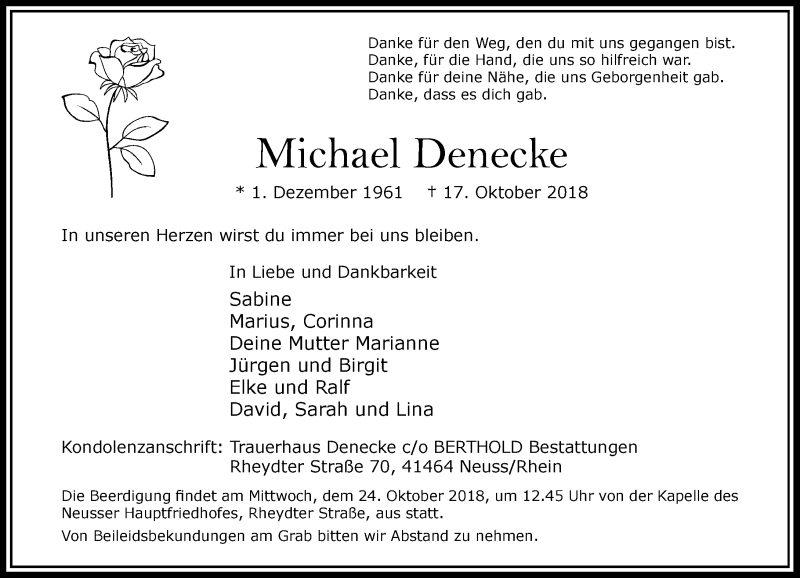 Traueranzeige für Michael Denecke vom 20.10.2018 aus Rheinische Post