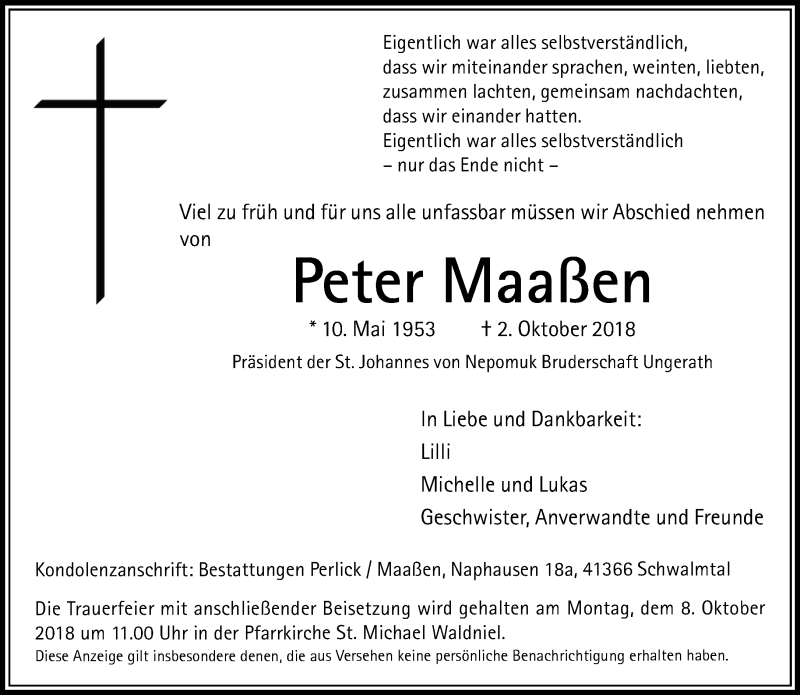  Traueranzeige für Peter Maaßen vom 05.10.2018 aus Rheinische Post