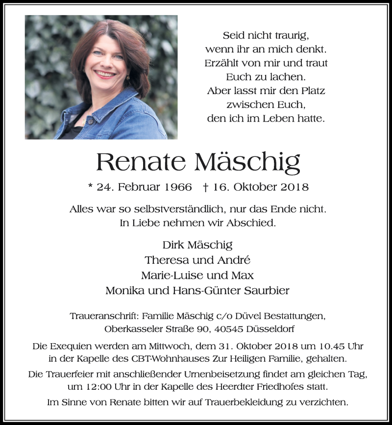  Traueranzeige für Renate Mäschig vom 23.10.2018 aus Rheinische Post