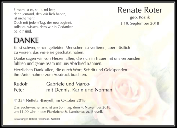 Traueranzeige von Renate Roter von Rheinische Post