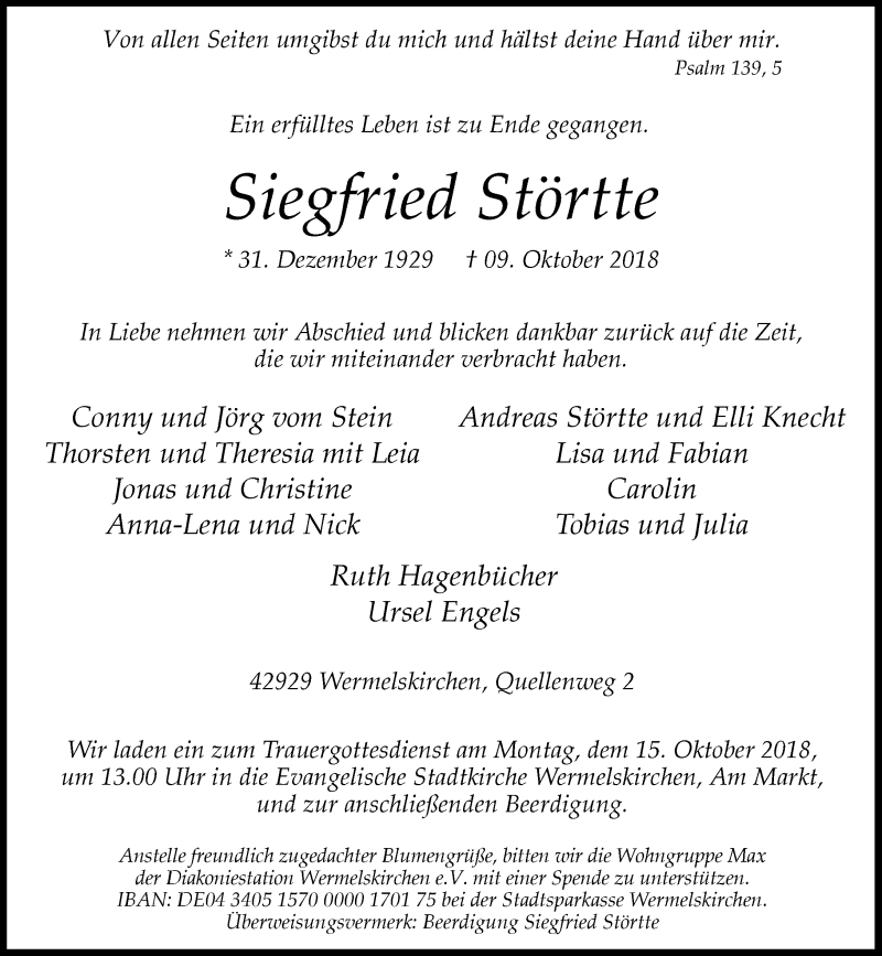 Traueranzeige für Siegfried Störtte vom 13.10.2018 aus Rheinische Post