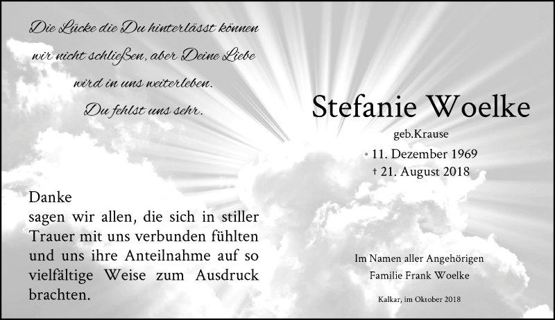  Traueranzeige für Stefanie Woelke vom 06.10.2018 aus Rheinische Post