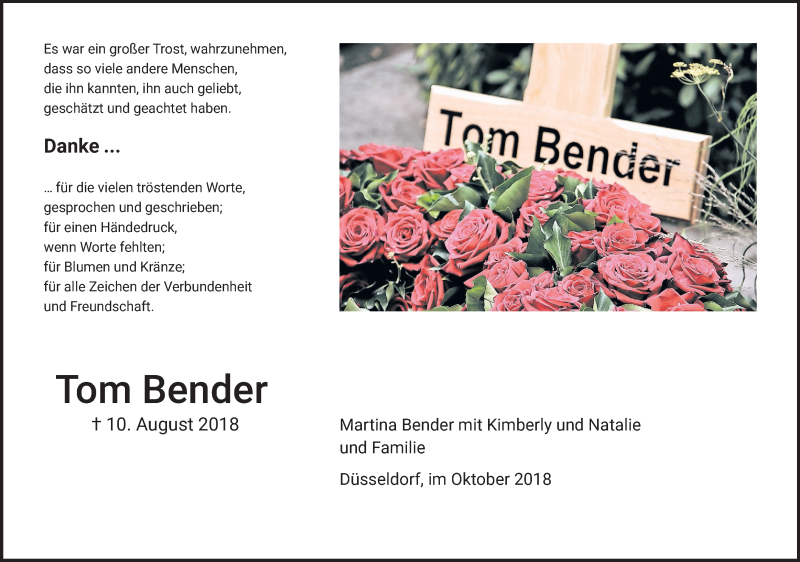  Traueranzeige für Tom Bender vom 06.10.2018 aus Rheinische Post