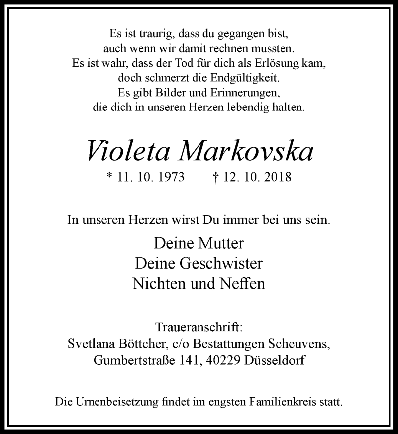  Traueranzeige für Violeta Markovska vom 27.10.2018 aus Rheinische Post