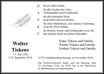Traueranzeige von Walter Tiskens von Rheinische Post