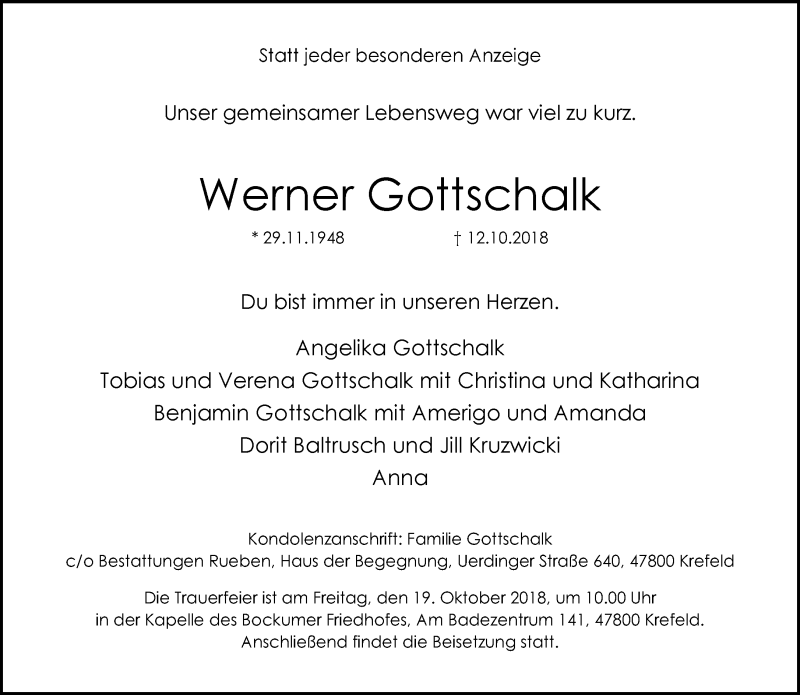  Traueranzeige für Werner Gottschalk vom 17.10.2018 aus Rheinische Post