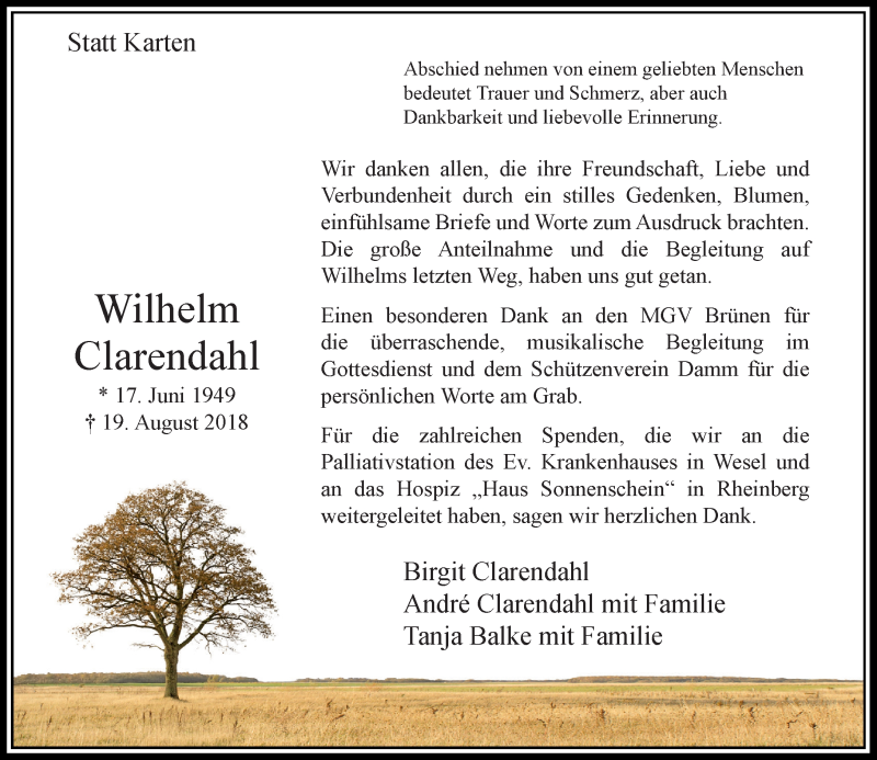  Traueranzeige für Wilhelm Clarendahl vom 06.10.2018 aus Rheinische Post