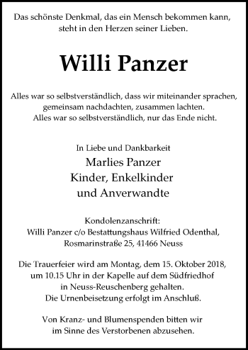 Traueranzeige von Willi Panzer von Rheinische Post