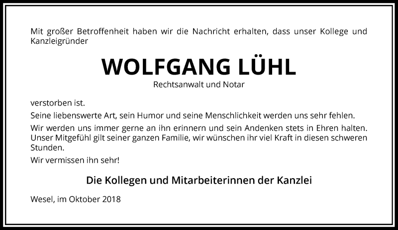  Traueranzeige für Wolfgang Lühl vom 31.10.2018 aus Rheinische Post