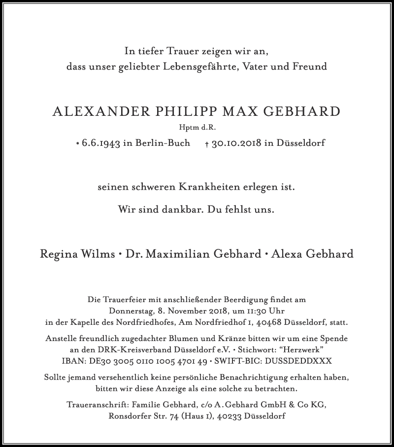  Traueranzeige für Alexander Philipp Max Gebhard vom 03.11.2018 aus Rheinische Post