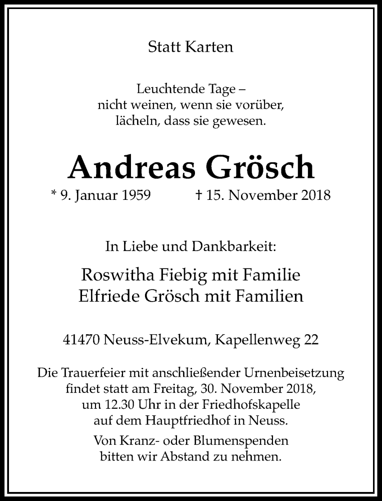  Traueranzeige für Andreas Grösch vom 24.11.2018 aus Rheinische Post