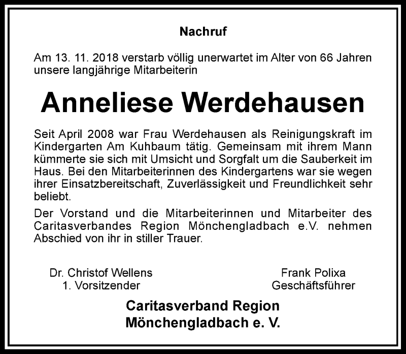  Traueranzeige für Anneliese Werdehausen vom 24.11.2018 aus Rheinische Post