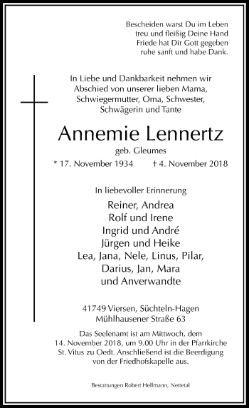 Traueranzeige von Annemie Lennertz von Rheinische Post
